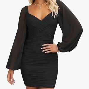 ZESICA, V Neck, Ruched, Bodycon Mini Dress, Puff Long Sleeve, Cocktail, Wedding